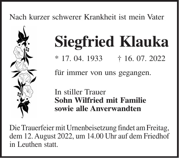 Traueranzeige Siegfried Klauka