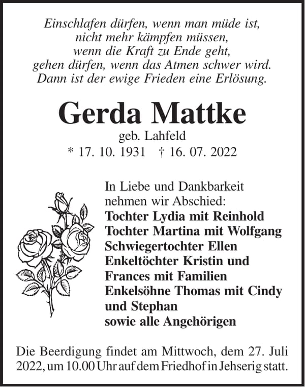 Traueranzeige Gerda Mattke, geb. Lahfeld
