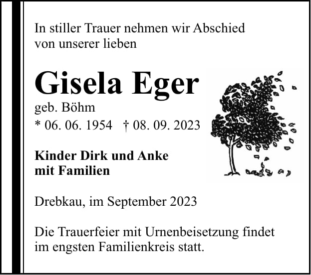Traueranzeige Gisela Eger, geb. Böhm