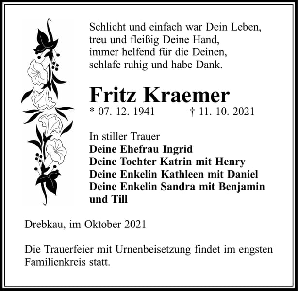 Traueranzeige Fritz Kraemer
