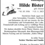 Danksagung Hilde Bister, geb. Greiser