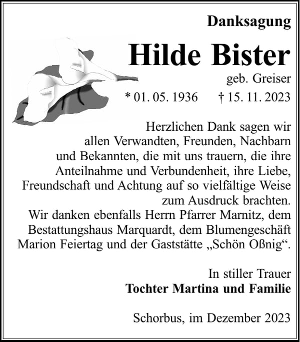 Danksagung Hilde Bister, geb. Greiser