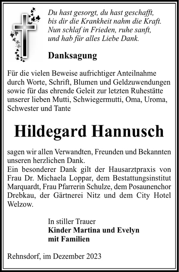 Danksagung Hildegard Hannusch