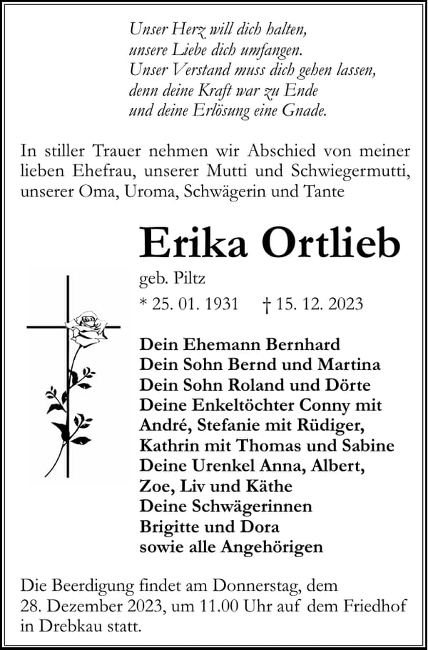 Traueranzeige Erika Ortlieb, geb. Piltz