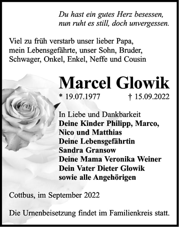 Traueranzeige Marcel Glowik