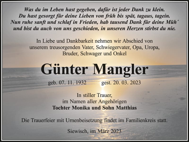 Traueranzeige Günter Mangler