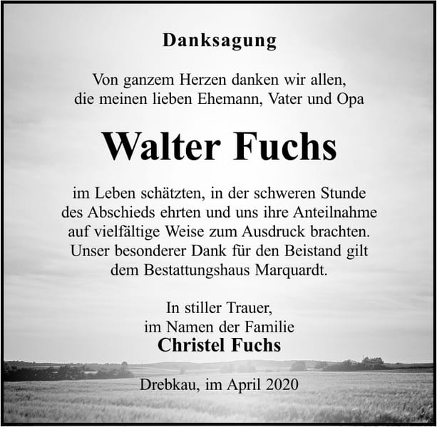 Danksagung Walter Fuchs