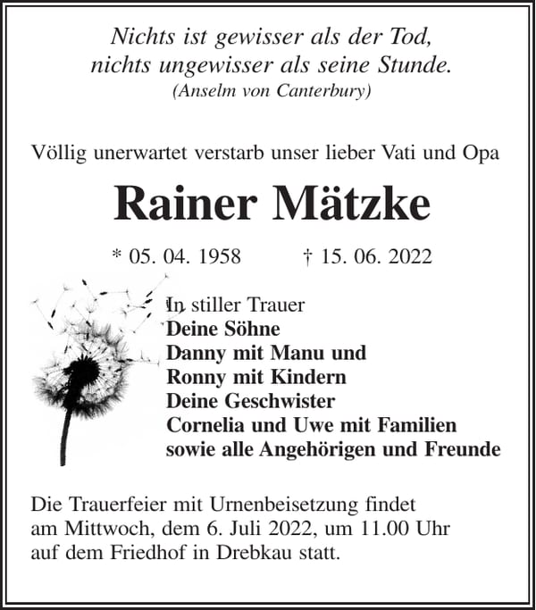 Traueranzeige Rainer Mätzke