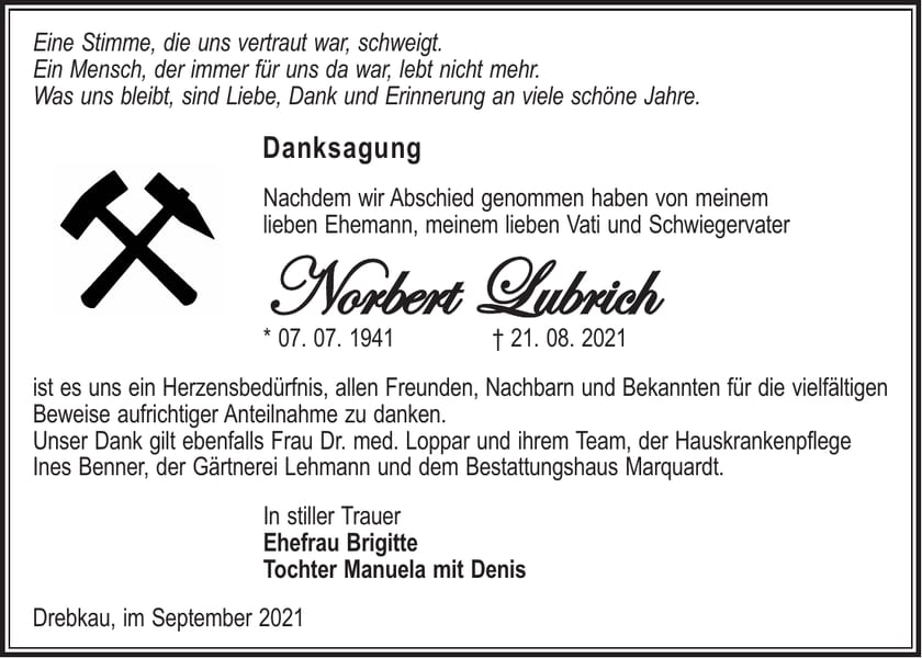 Danksagung Norbert Lubrich