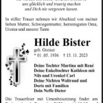 Traueranzeige Hilde Bister, geb. Greiser
