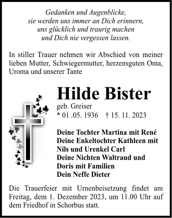 Traueranzeige Hilde Bister, geb. Greiser