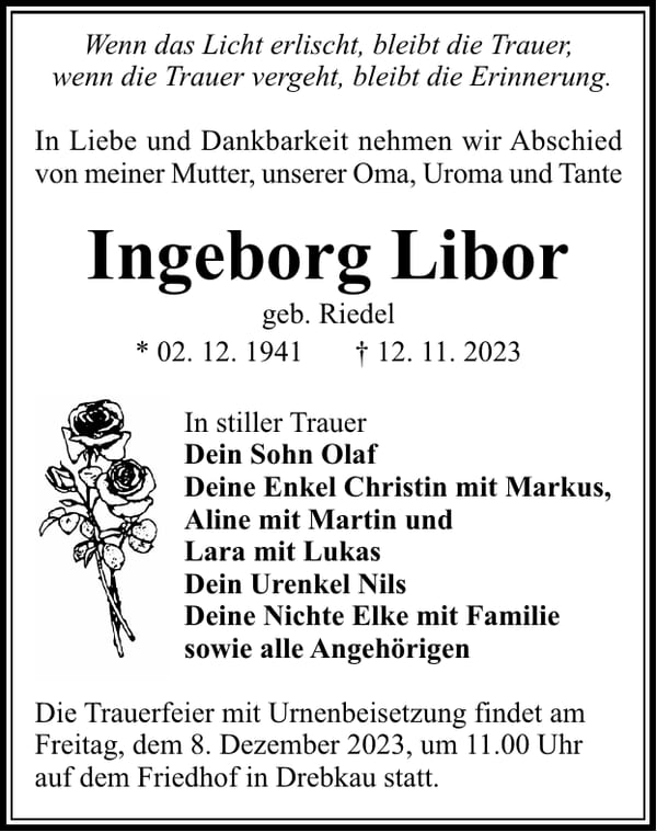 Traueranzeige Ingeborg Libor, geb. Riedel