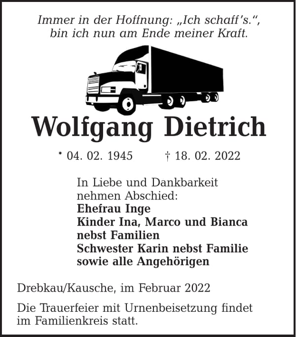 Traueranzeige Wolfgang Dietrich