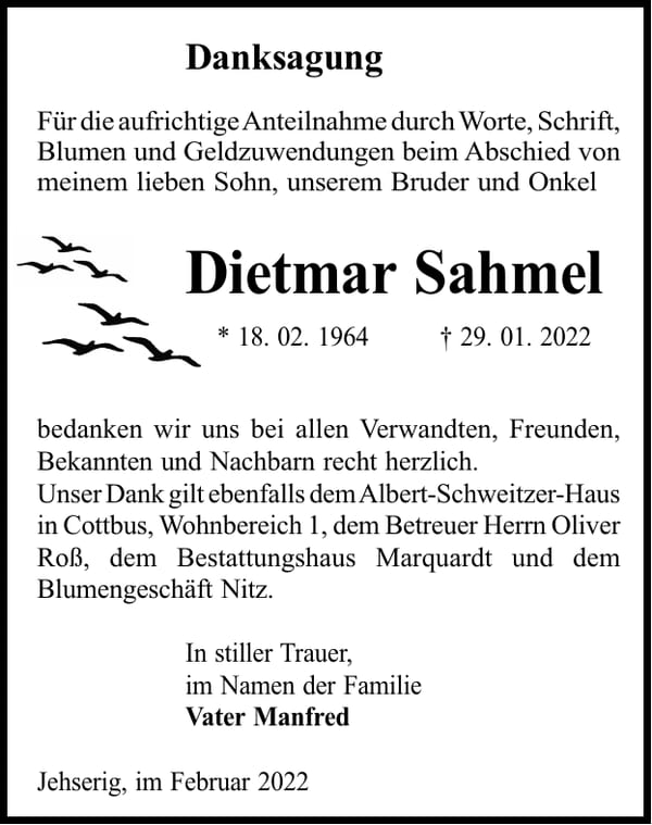 Danksagung Dietmar Sahmel