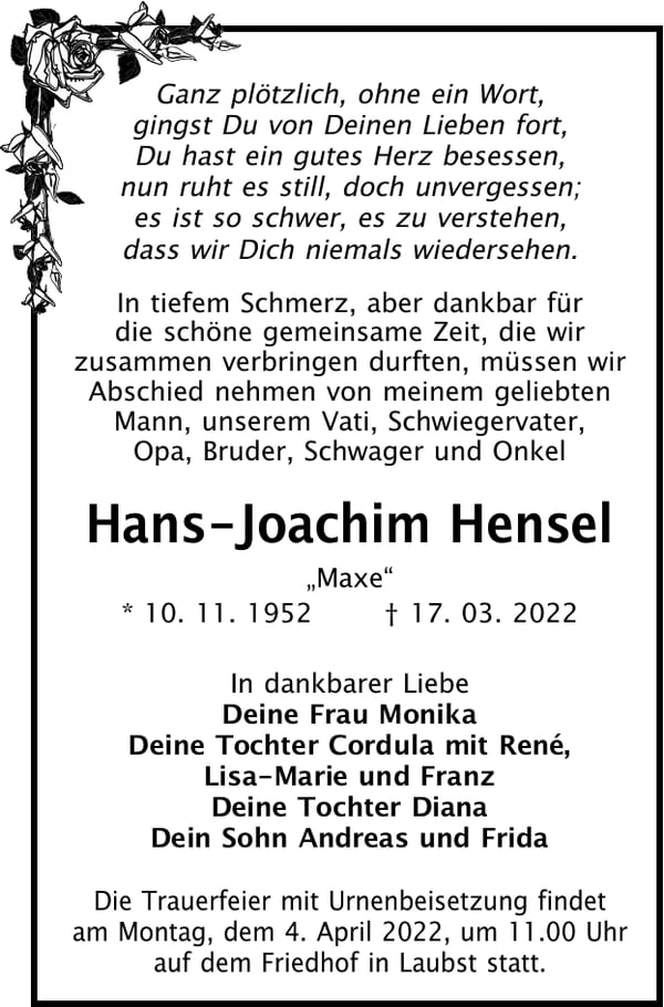 Traueranzeige Hans-Joachim Hensel