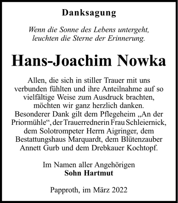 Danksagung Hans-Joachim Nowka