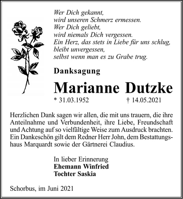 Danksagung Marianne Dutzke