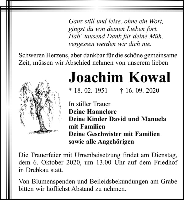 Traueranzeige Joachim Kowal