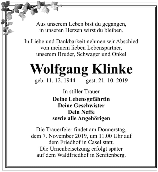 Traueranzeige Wolfgang Klinke