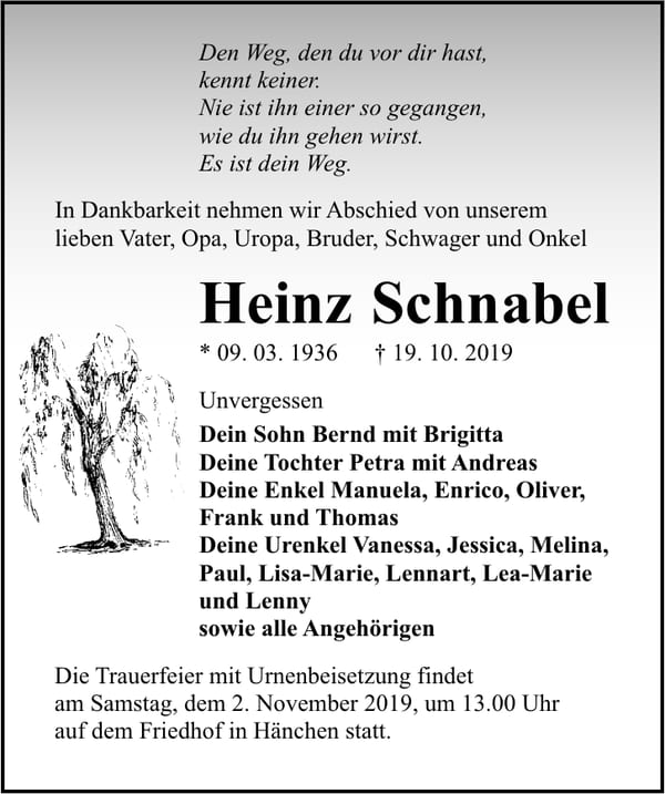 Traueranzeige Heinz Schnabel