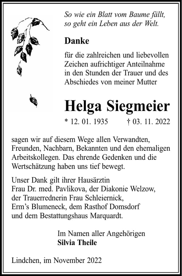 Danksagung Helga Siegmeier