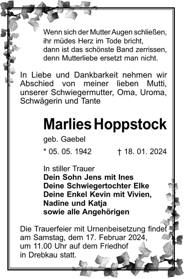 Traueranzeige Marlies Hoppstock, geb. Gaebel