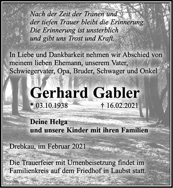 Traueranzeige Gerhard Gabler