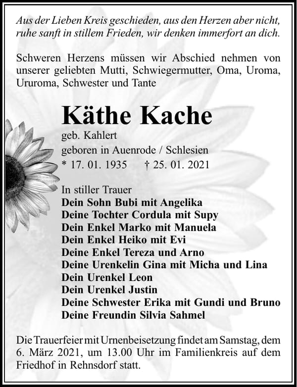 Traueranzeige Käthe Kache, geb. Kahlert
