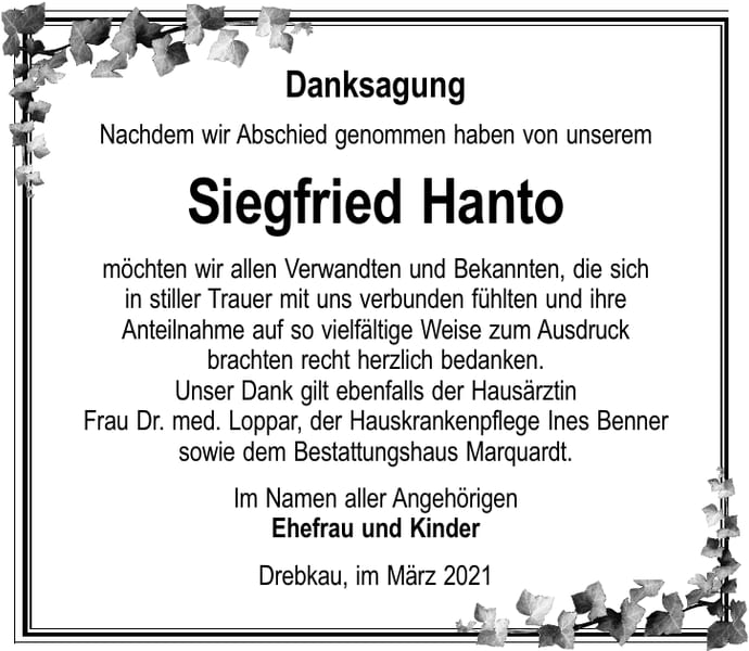 Danksagung Siegfried Hanto