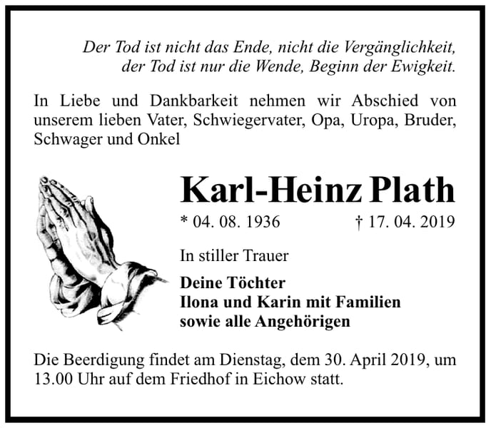Traueranzeige Karl-Heinz Plath