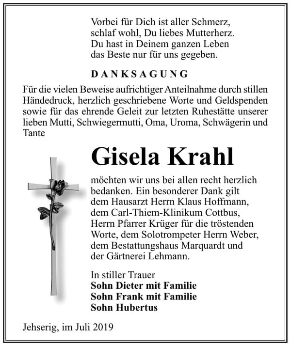 Traueranzeige Gisela Krahl