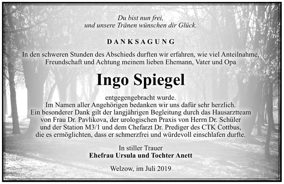 Traueranzeige Ingo Spiegel