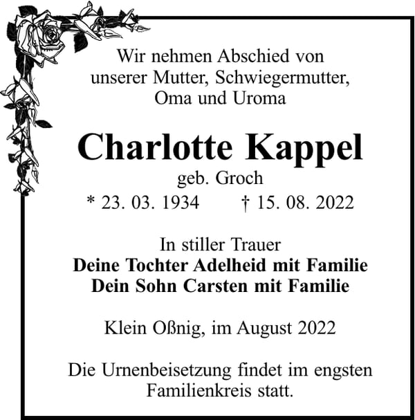 Traueranzeige Charlotte Kappel, geb. Groch