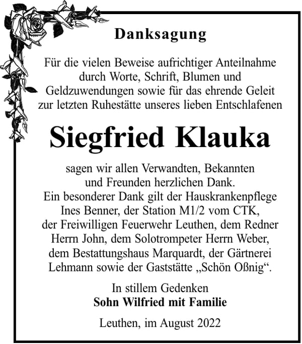 Danksagung Siegfried Klauka