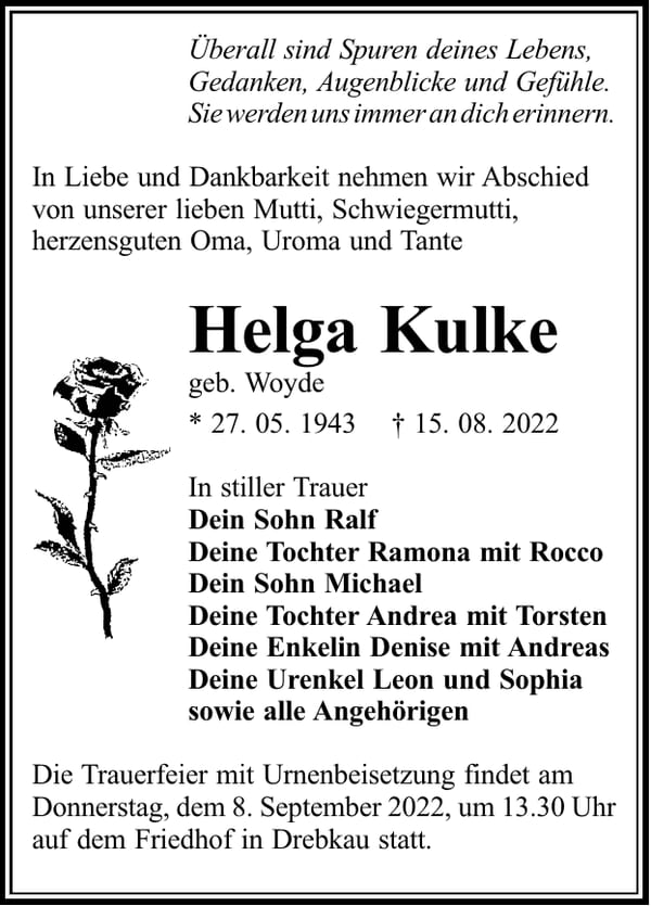 Traueranzeige Helga Kulke, geb. Woyde