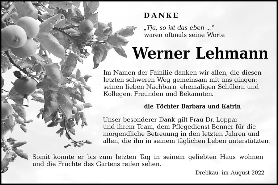 Danksagung Werner Lehmann