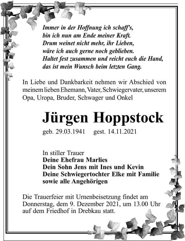 Traueranzeige Jürgen Hoppstock