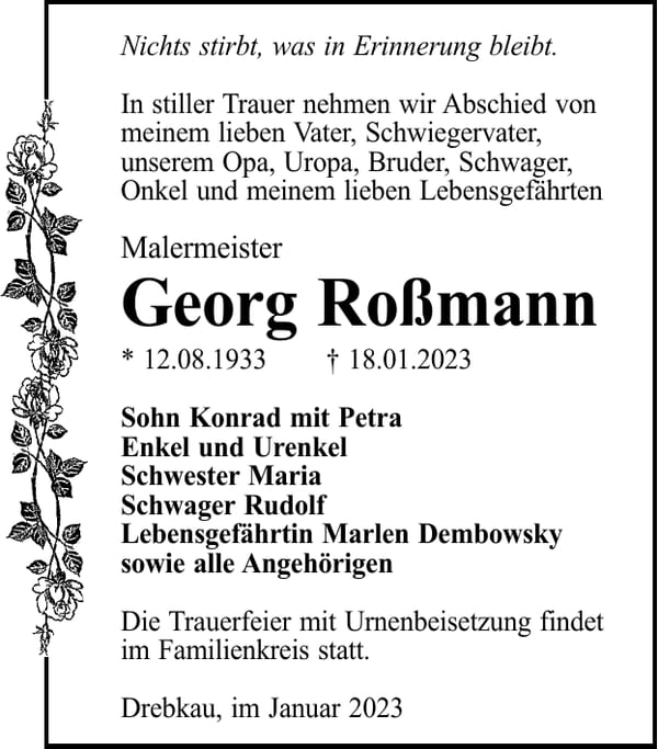 Traueranzeige Georg Roßmann