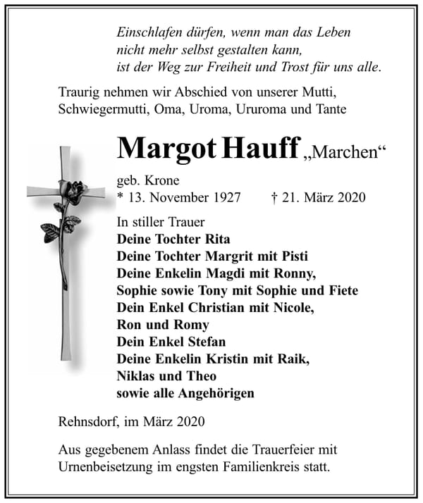 Traueranzeige Margot Hauff „Marchen“, geb. Krone