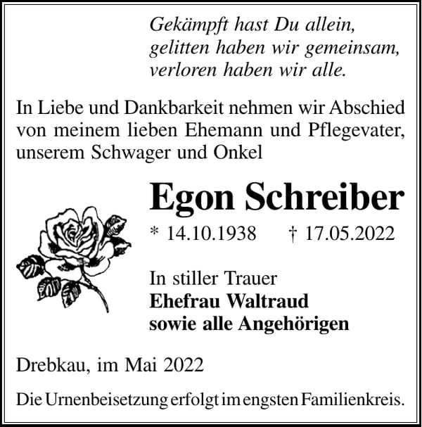 Traueranzeige Egon Schreiber