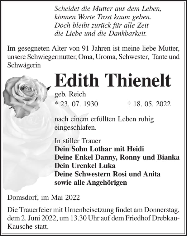Traueranzeige Edith Thienelt, geb. Reich