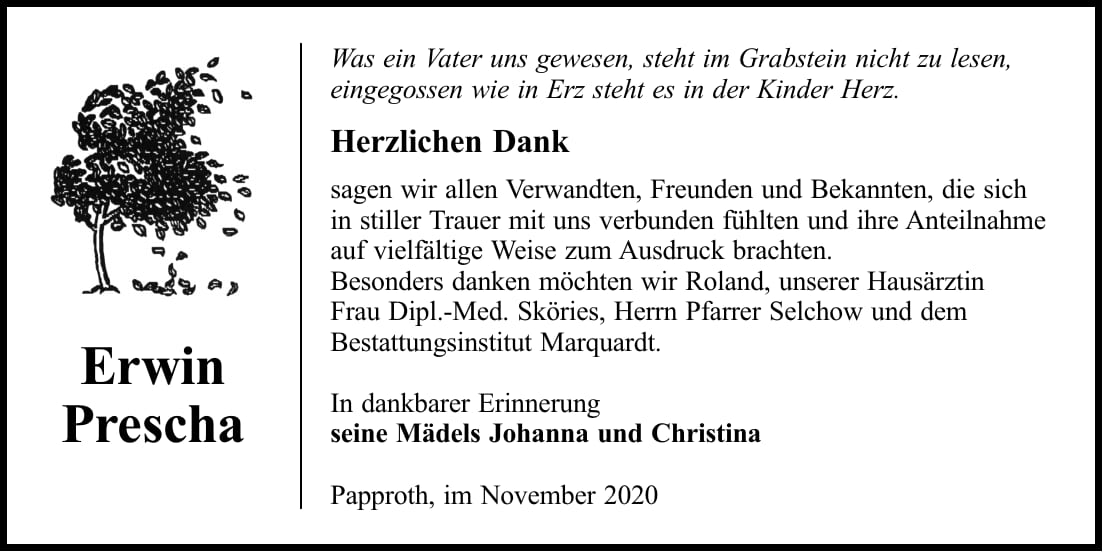 Danksagung Erwin Prescha