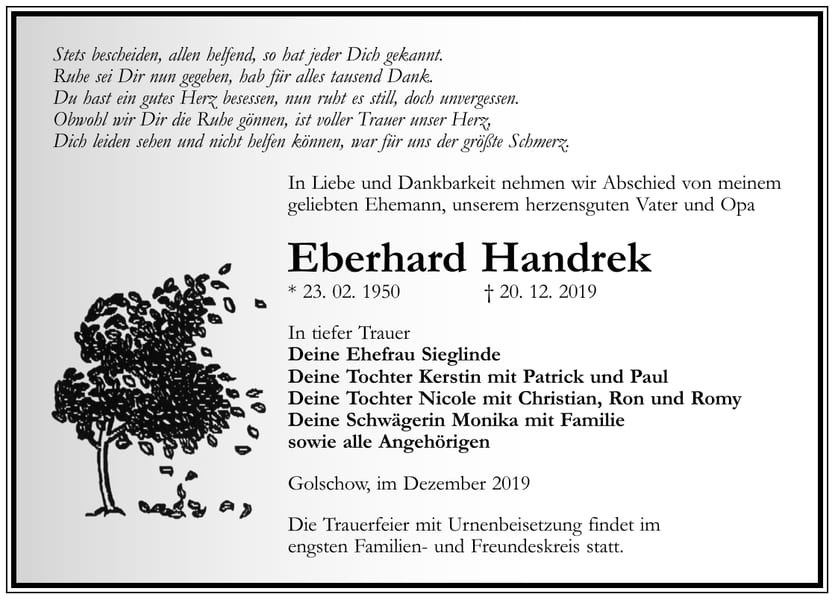Traueranzeige Eberhard Handrek