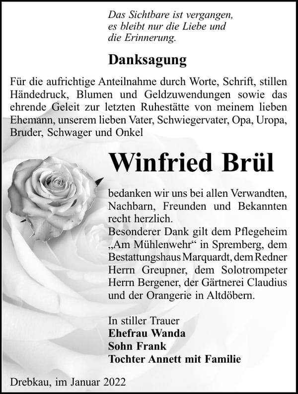 Danksagung Winfried Brül