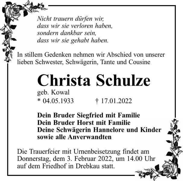 Traueranzeige Christa Schulze, geb. Kowal