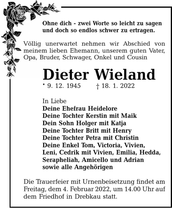 Traueranzeige Dieter Wieland