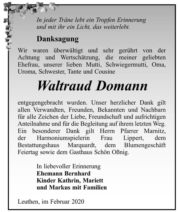 Danksagung Waltraud Domann
