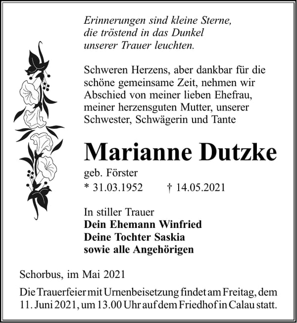 Traueranzeige Marianne Dutzke, geb. Förster