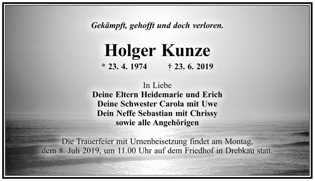 Traueranzeige Holger Kunze