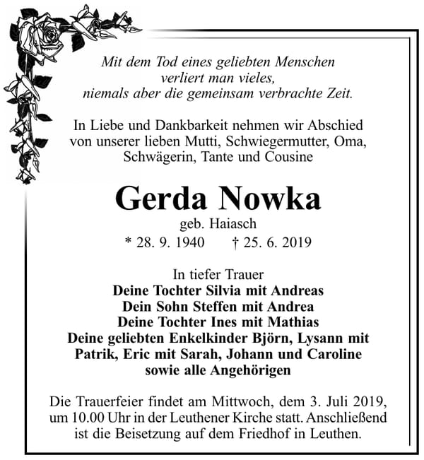 Traueranzeige Gerda Nowka, geb. Haiasch